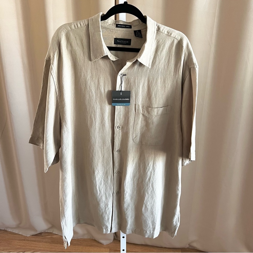 Van Heusen Men's Button Down Linen Short Sleeve Harbor Beige Shirt XL NWT